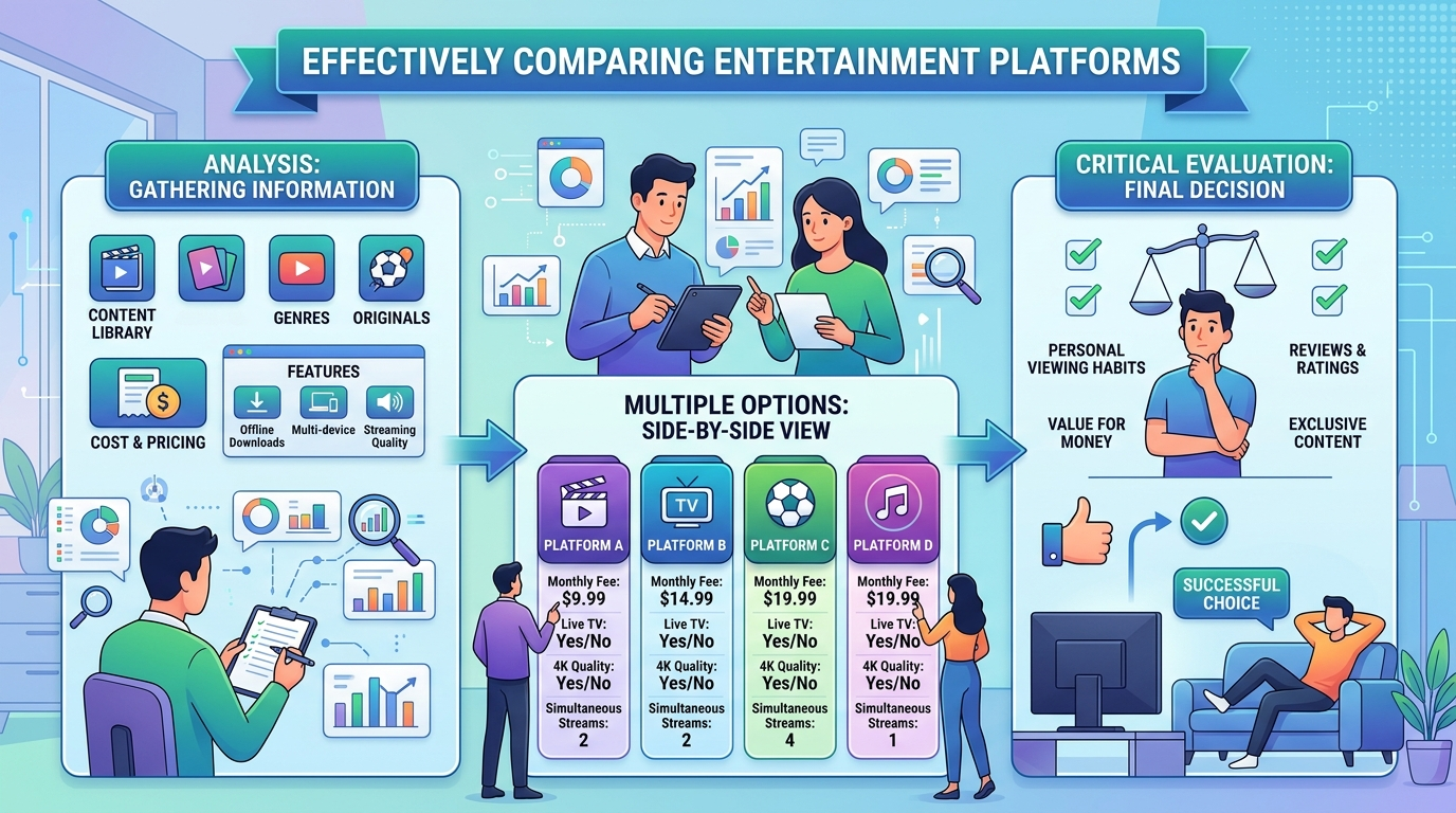 Ilustração sobre como avaliar e comparar plataformas de entretenimento digital
